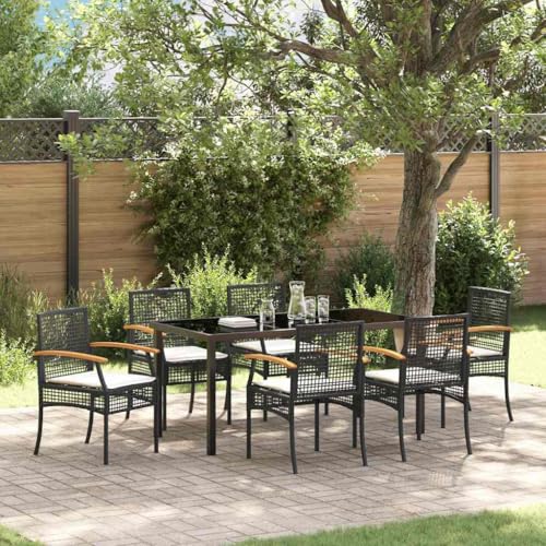 YNGBHFNOP Modern 7-Piece Garden Dining Set, Black Poly Rattan Outdoor Patio Furniture Set with Table and 6 Chairs, All-Weather Wicker for Terrace, Backyard, Poolside Dining and Entertaining