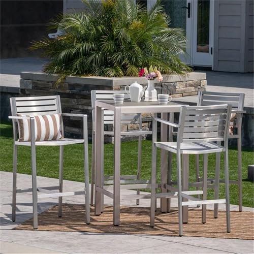 Noble House Cape Coral 5 Pc Aluminum Bar Set with Grey Tempered Glass Top