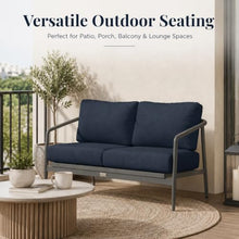 Golden Flame Outdoor Loveseat, 2-Seat Patio Sofa with Powder-Coated Aluminum Frame, Olefin Rope Back, Sunbrella Cushions - Black Finish Frame, Spectrum Indigo Fabric