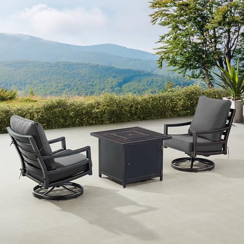 Oakland Living Black Aluminum Patio Fire Table Bistro Set with Two Club Chairs with Black Cushions