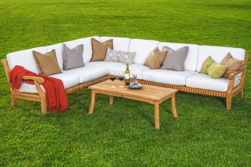 TeakStation Giva Grade-A Teak Wood 5pc Sectional Sofa Set :2 Sofas (Left & Right), 1 Lounge Armless Chair, 1 Corner Piece & Coffee Table:Furniture Only #TSSSSGV