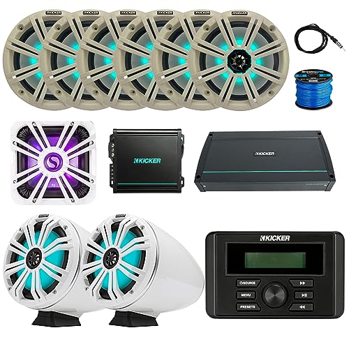 KICKER Marine Gauge Style Bluetooth Receiver with 6X 8" 300W Speakers, 2X 8" Tower Speakers, 10" Subwoofer & Amplifiers