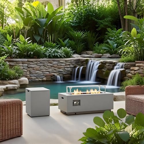 Propane Fire Pit Table with Glass Wind Guard, Steel Burner, Electronic Ignition, Lid Converts Outdoor Patio Heater into Coffee Dining Bar Surface, Tank Holder, Lava Rocks, Rain Cover Included