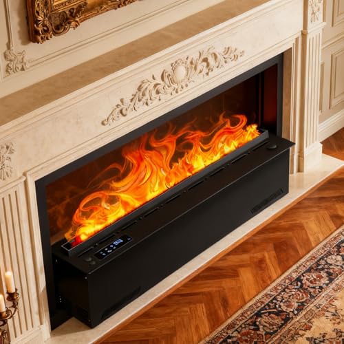 Sushangmao Water Vapor Fireplace 3D - 9 Flame Colors & 5 Brightness Levels Via App/Remote/Touch, One-Button Drainage, Matte Black Finish for Contemporary Decor, Non-Heating Humidifier 100cm