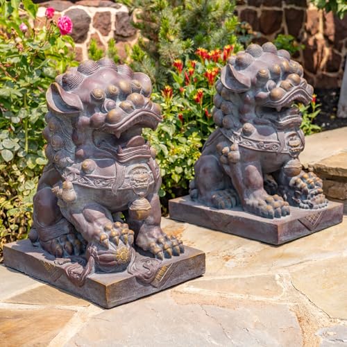 Zaer Ltd. Set of 2 Traditional Fu Dog Garden Statues, Chinese Guardian Lion Sculptures with Pedestals, Made with Magnesium-Cement (Blue-Bronze)