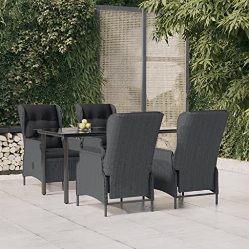 FMPGJLYH 5 Piece Outdoor Dining Set, Dark Gray Poly Rattan Patio Furniture with Reclining Chairs and Tempered Glass Table, Weather Resistant Garden Bistro Set for Backyard Deck