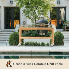 TITAN GREAT OUTDOORS Ash & Ember Grade A Teak Ceramic Grill Table, 22" Diameter Opening Fits L BGE, Kamado Joe, Weather Resistant Tightly Spaced Slats, Storage Shelf and Locking Caster Wheels