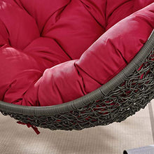 Modway Hide Wicker Rattan Outdoor Patio Porch Lounge Egg Swing Chair Set with Stand in Gray Red