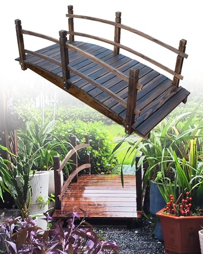 Katzowen Wooden Backyard Bridge Wooden Garden Bridge Arch, Outdoor Pathway Bridge with Safety Rails, Small Pond Bridge Decoration, Weather-Resistant Natural Wood Garden Bridge