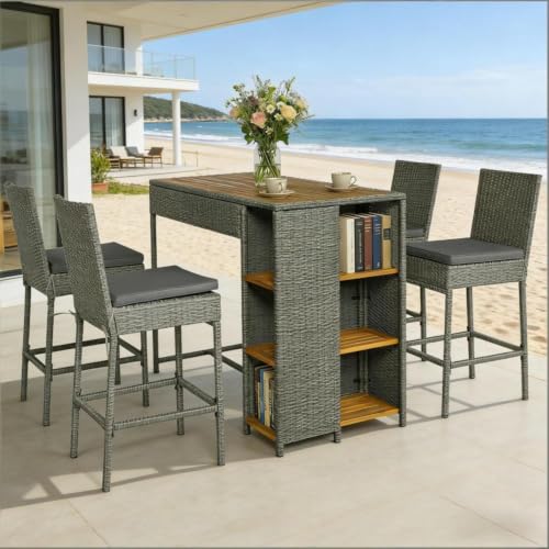 Hassyee 5 Pieces Wicker Bar Set with Acacia Wood Bar Table and Washable Cushions for Poolside, Lawn, Outdoor Furniture Set with Three Tier Shelves for Garden, Balcony (Grey)