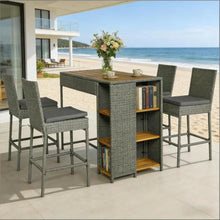 Hassyee 5 Pieces Wicker Bar Set with Acacia Wood Bar Table and Washable Cushions for Poolside, Lawn, Outdoor Furniture Set with Three Tier Shelves for Garden, Balcony (Grey)