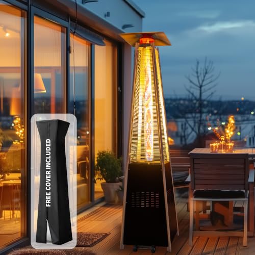 PATIOPIA Flame Pyramid Pool Heater, Triple Safety Protection Portable Patio Heater with Patio Cover, Warm Glass Tube with Durable Wheels-Black