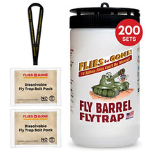 Flies Be Gone Outdoor Fly Traps 2-Pack Reusable – with 2 Dissolvable Fly Attractant Refill Packets & 2 Suspension Straps - Protein-Powered Attractant Catcher for Your Patios, Home and Commercial Use.