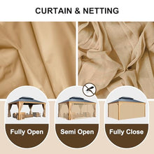 Aoodor 12' x 16' Aluminum Gazebo with Wood Grain Finish, 2-Tier Black Steel Roof, Curtains, and Netting Black/Wood Like Frame