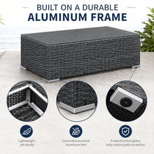 Golden Flame Long Outdoor Coffee Table, Rectangular Patio Wicker Coffee Table with Tempered Glass Top, HDPE Resin Wicker, Aluminum Frame, Brushed Aluminum Feet, Textured Slate