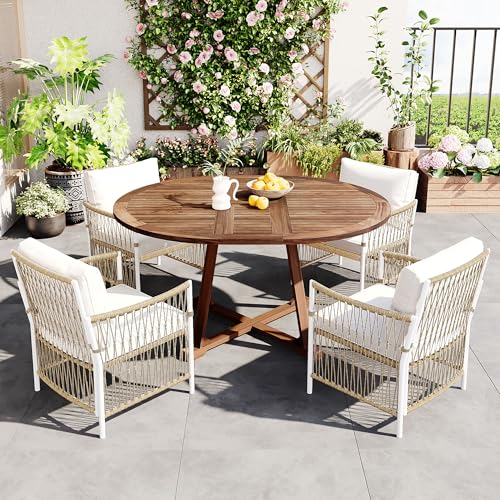 roomfitters 5-Piece Outdoor Patio Dining Set with Extendable Round Table and 4 Rattan Armchairs, Natural