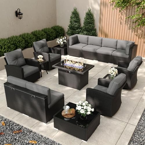 KHOLH Patio Furniture Set with Fire Pit Table, 15 Pieces Outdoor All-Weather Wicker Conversation Sectional Chair Sofa Set with 4 Swivel Chairs