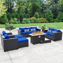 HTERWQEA 7 Piece Patio Furniture Set Outdoor with Fire Pit Table, Wicker Sectional Sofa Conversation Couch with Ottoman Cushions Royal Blue
