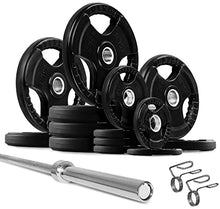 French Fitness Rubber Grip Weight Plate Set w/ 7 ft Olympic Bar 395 lbs