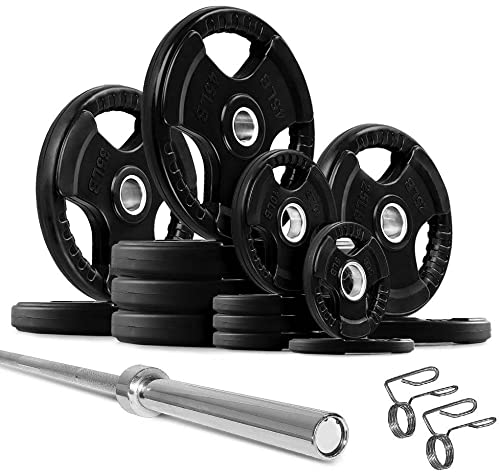 French Fitness Rubber Grip Weight Plate Set w/ 7 ft Olympic Bar 395 lbs