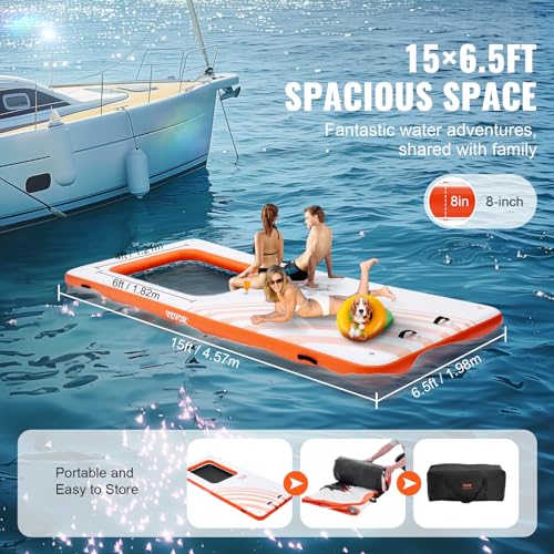 VEVOR Inflatable Floating Dock 15x6.5FT with Trampoline Mesh Pool White + Orange