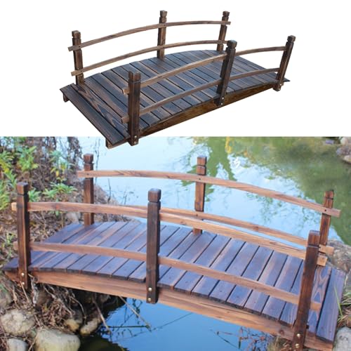 Blazea 140cm Long Outdoor Garden Bridge, Yard Footbridge Walkway Wooden, Stained Finish Arch Garden Bridge Landscaping with Safety Handrails