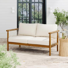 Seeheool Teak Finish Acacia Wood Beige Rope, Oversized Outdoor Lounge Loveseat for Patio, Backyard with Cream Cushions