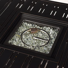 Oakland Living Black Aluminum Square Patio Fire Table Bistro Set with Two Club Chairs, Cushions, Covers and Glass Beads