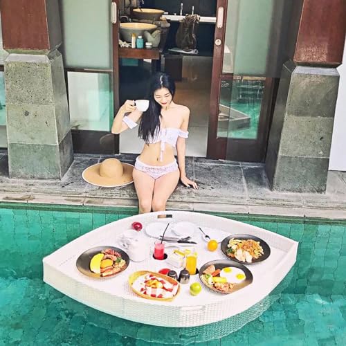 TGBHM Drink Floaties Tray Multifunction Breakfast Tray On The Water Creative Leaf Type Rattan Woven Hot Tub Side Table,White-90 * 60 * 15Cm