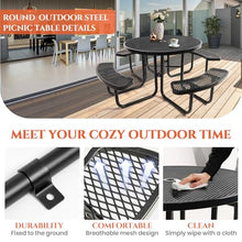 Gndigufa Picnic Tables with Umbrella Hole, Outdoor Steel Heavy Duty Commercial Grade Black Table, Bench Set for Lawn, Patio, Park, Yard, Garden, Porch (46'') (Round)