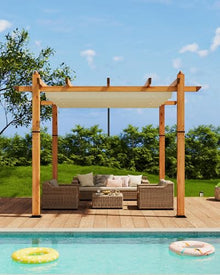 GarveeLife 10 x 10 ft Wood-Grain Aluminum Pergola Outdoor Pergola with Retractable Canopy Sun Shade Shelter for Garden, Patio, Backyard, Deck - Beige