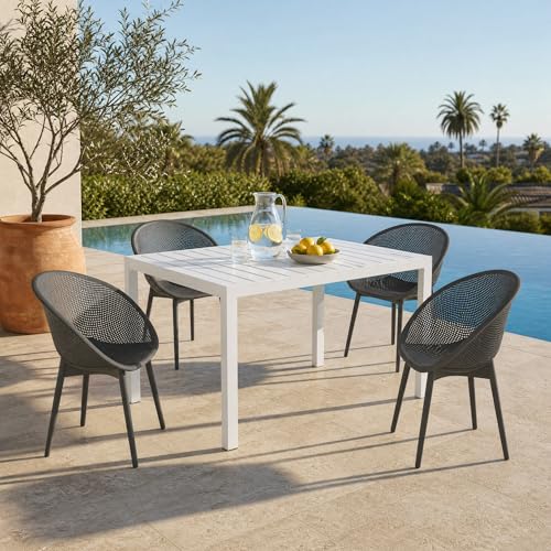 Trygoal 5-Piece Indoor/Outdoor Bistro Set, Weatherproof Patio Furniture Set with Rectangular Slatted Table & 4 Mesh Chairs, Modern Lounge Chairs with Non-Slip Feet for Balcony, Backyard, Warm Grey