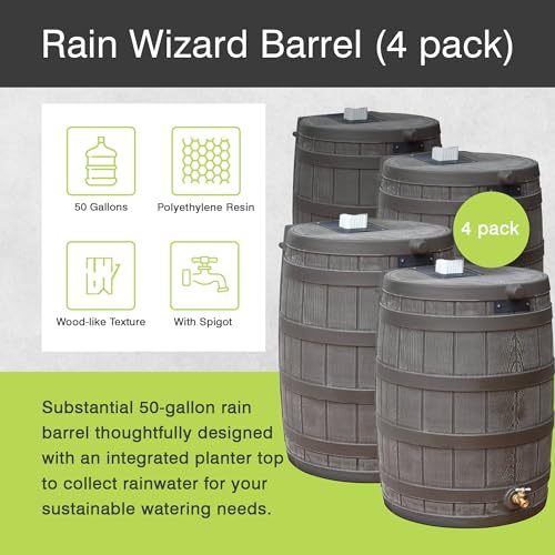 Good Ideas Rain Wizard 50 Gallon Plastic Rain Barrel Water Storage Collector with Brass Spigot, Oak