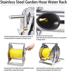 FKTHYO Heavy Duty Garden Hose Reel Industrial Stainless Steel Hose Holder Garden Hose Reel Wall Mounted Water Hose Reel with Crank, Garden Hose Nozzles 1/2" Hose