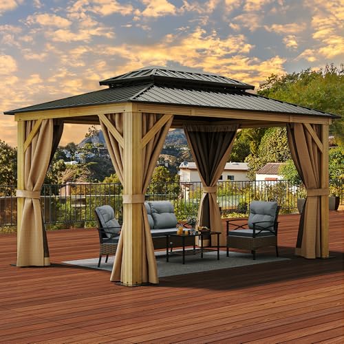 YITAHOME 10x12ft Hardtop Gazebo with Nettings and Curtains Brown