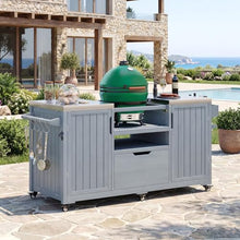 Navostraya 66.5" Outdoor Kitchen Island Grill Cart, 100% Solid Wood Rolling Grill Table for Large Big Green Egg, Kamado Joe, 21-22 Inch Tabletop Grills, Stainless Steel Top with Storage (Grey Blue)