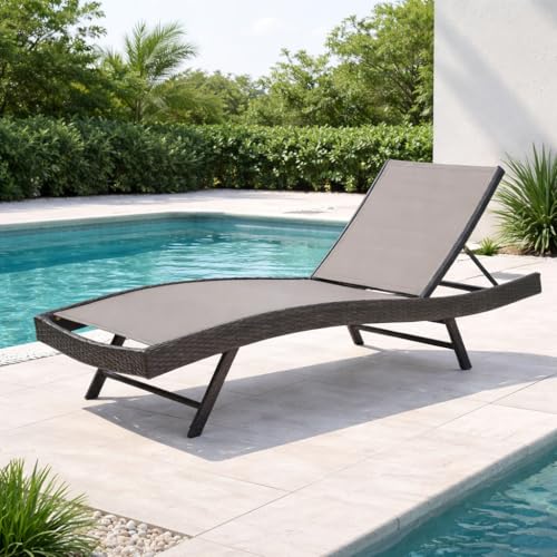 Christopher Knight Home Zalel Wicker Patio Chaise Lounge Chair Outdoor, Metal Frame Sunbathing Pool Lounger with Breathable Mesh Seat, Adjustable Backrest Reclining Chair, Single Lounger, Brown Multi
