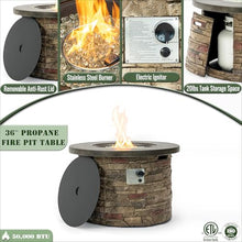 36 Inch Propane Fire Pit Table 50000 BTU Round Outdoor Fireplace with Lid Rain Cover Glass Beads Hidden Tank Holder Electronic Ignition Stone Look Patio Heater for Backyard Deck Garden