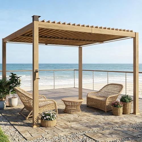 Outdoor Pergola, Metal Outdoor Patio Gazebo with Crank Louvered Roof, Powder Coated Steel Frame, Drainage System, Backyard Deck Garden, Sun Rain Snow Protection (only Pergola)