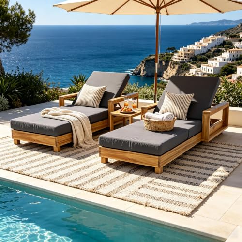 Merax Wood Chaise Lounge with 2 Triple-Fold Cushion, Dark Gray