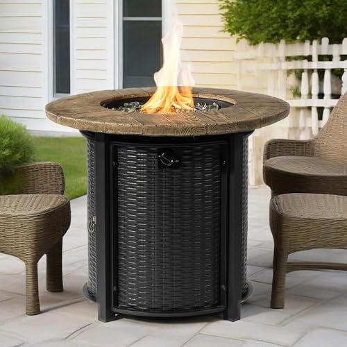 Propane Fire Pit Table Round Patio Heater with Lid, 50000 BTU Outdoor Gas Fireplace, Steel Frame, Faux Wood Grain Top, Hidden Tank Holder, Glass Stones, Rain Cover, Electronic Ignition