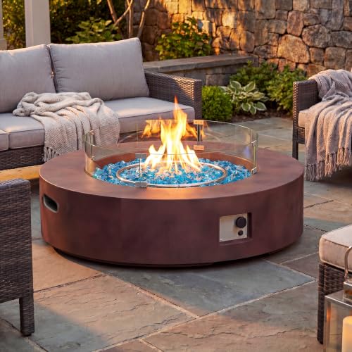 COSIEST Outdoor Propane Fire Pit Coffee Table w Dark Bronze 40.5-inch Round Base Patio Heater, Certified, 50,000 BTU Stainless Steel Burner, Wind Guard, Aqua Blue Fire Glass, Waterproof Cover