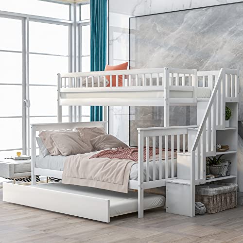 BOVZA Wooden Twin Over Full Bunk Bed with Trundle & Storage Staircase White