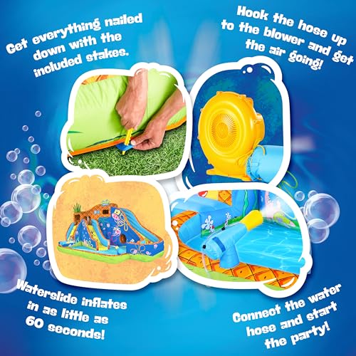 SUNNY & FUN Spongebob Deluxe Inflatable Water Slide Park with Climbing Wall & Splash Pool