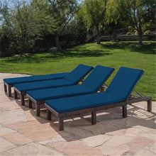Noble House Jamaica MultiBrown Wicker Chaise Lounge Set of 4 with Blue Cushion