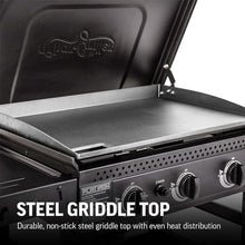 Char-Griller® Flat Iron 4-Burner Propane Gas Flat-Top Griddle with Steel Griddle Top, Hinged Lid, Wind Guards and Instant-Ignition, 775 Cooking Square Inches in Black, Model 8136