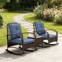 Hassyee 3 Pieces PE Rattan Bistro Set with 2 Rocking Chairs and 1 Coffee Table for Poolside, Lawn, Outdoor Furniture Set with Soft Cushions and Elegant Design Backrests for Balcony (Brown)