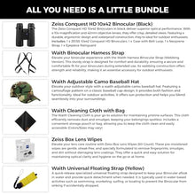 ZEISS 10x42 Conquest HD Binoculars Bundle Set for Bird Watching with Harness Strap, Camo Hat, Cleaning Cloth, Lens Wipes, and Floating Strap Black/Yellow