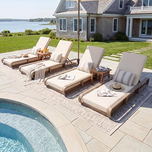 Merax 4 Piece White Finish Acacia Wood Chaise Lounge - 4 Pcs Frame + 4 Pcs 4" 3-Fold Cream Water-Resistant Cushion, 400lbs Capacity, Adjustable Outdoor Recliner for Patio Poolside Backyard
