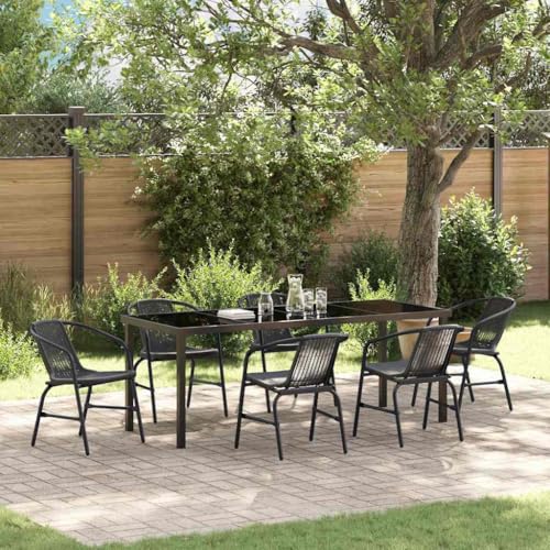 LKJephalotrope 7 Piece Patio Dining Set, 6 Person Outdoor Table and Chairs with Tempered Glass Top, Black Powder-Coated Steel Frame and Poly Rattan Garden Furniture Set